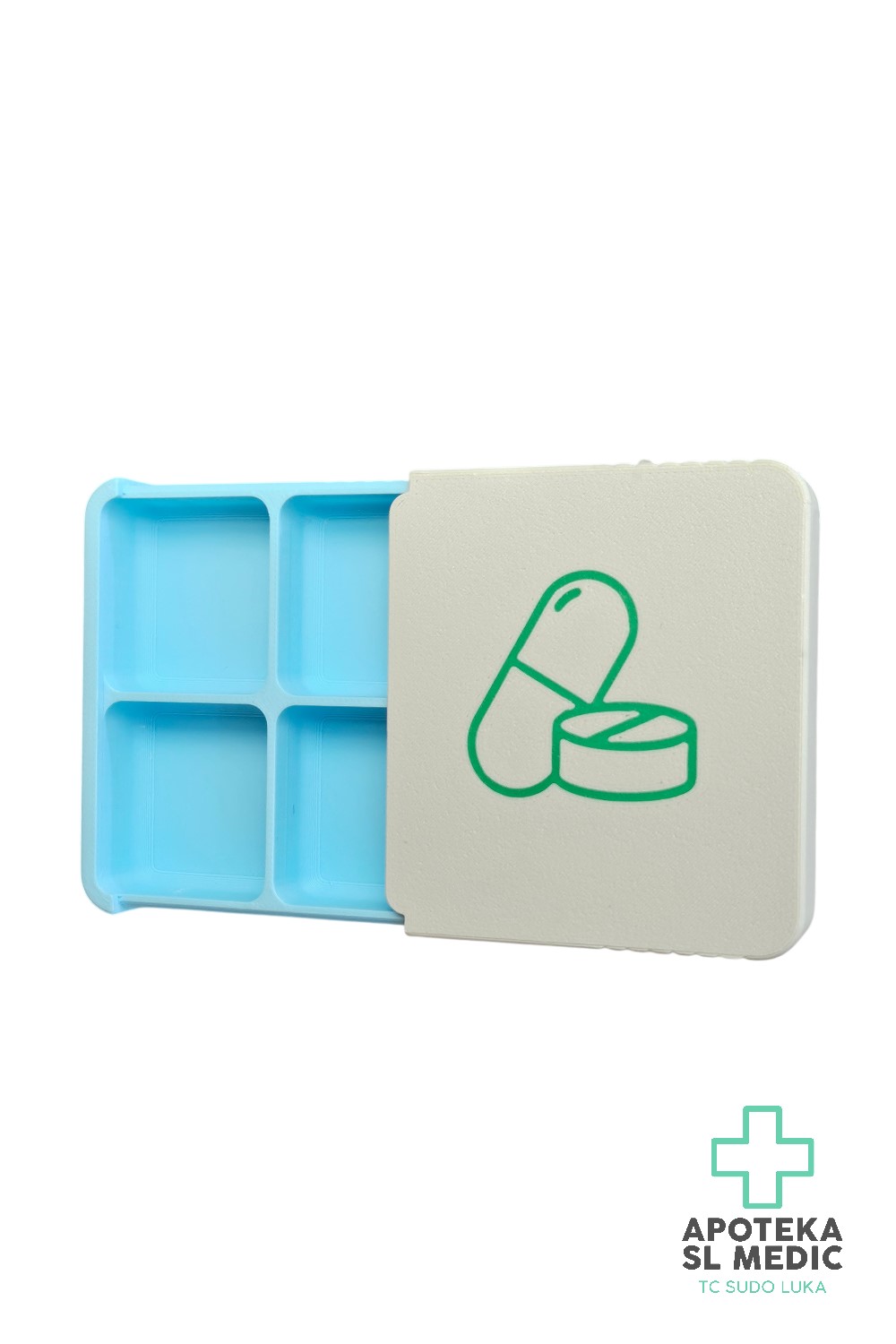 Prijenosna Kutijica za Lijekove i Tablete (7x7x1,5 cm) – Klizni Organizator sa 4 Pregrade