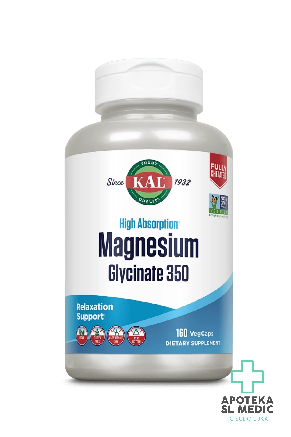 KAL Magnezijum Glicinat 350 mg (160 VegCaps) – Visokoapsorbujući Kelirani Magnezijum za Opuštanje Mišića i Nervnog Sistema